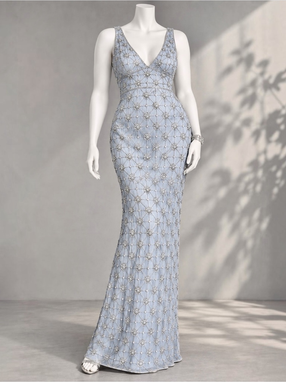 Mac Duggal Light Blue Beaded Rhinestone Column Gown 18 Empire Waist Formal Dress